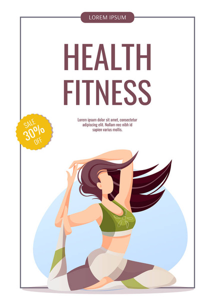 flyer design with health fitness lettering, exercising woman and discount label - Vector, Image