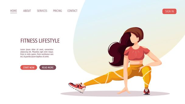 website pagina template, fitness lifestyle belettering en cartoon vrouw lunging  - Vector, afbeelding
