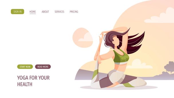 projekt strony internetowej z przyciskami, joga dla zdrowia liternictwo i kobieta robi jogę  - Wektor, obraz