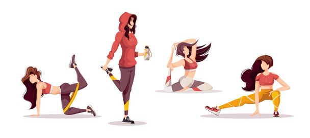 cuatro mujeres de dibujos animados haciendo ejercicio aislado sobre fondo blanco - Vector, imagen