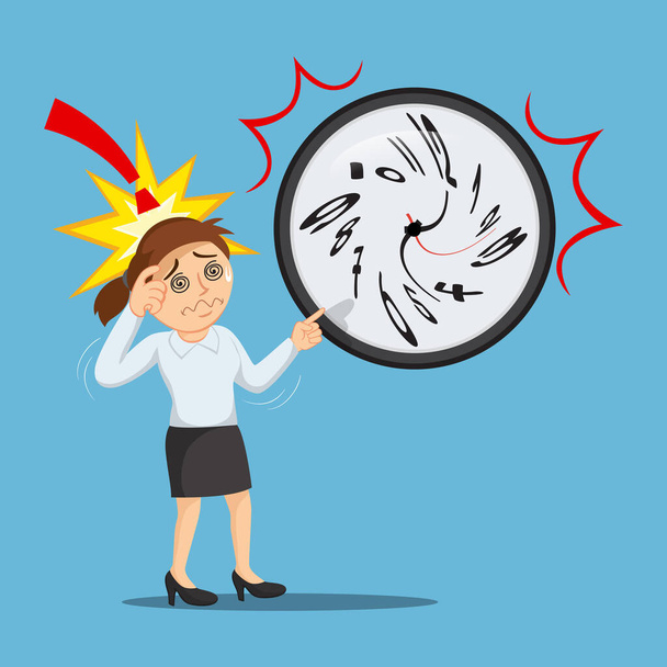 Femme d'affaires avec horloge folle, concept de gestion du temps, dessin animé vectoriel illustration - Vecteur, image