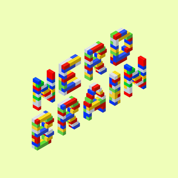 Phrase brain of a wise man in isometric style consists of colored plastic bricks on a yellow background. Vector illustration. - Vector, Image