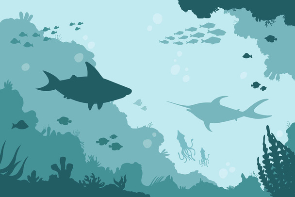 Paisaje submarino del mundo, fondo marino con tiburón, pez espada y calamar, escuela de peces - Vector, Imagen
