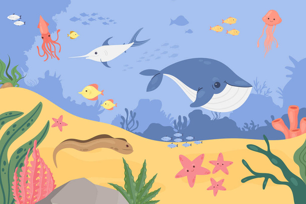 Underwater marine landscape, sea ocean bottom with fishes animals, cute undersea wildlife - Vector, Image