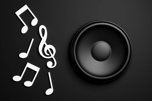 Altavoz musical y conjunto de notas musicales blancas sobre fondo oscuro. 3d renderizar - Foto, Imagen
