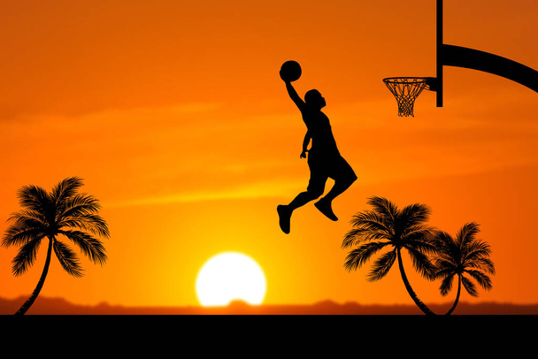 Μπάσκετ παίκτες άλμα dunk σιλουέτες σε ένα όμορφο υπαίθριο γήπεδο μπάσκετ το βράδυ. - Φωτογραφία, εικόνα