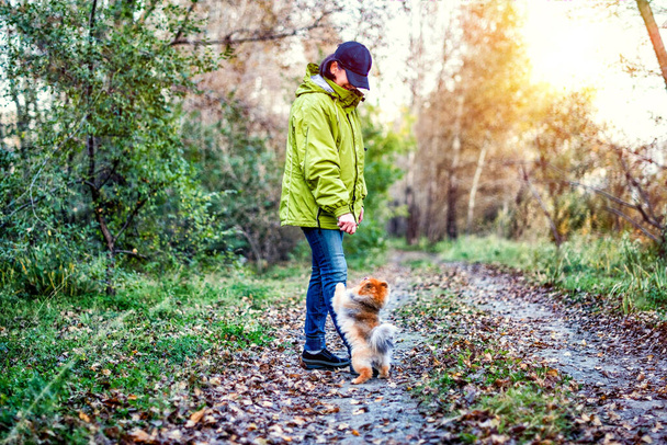 A woman walking with a pomeranian dog spitz in a park. - Foto, imagen