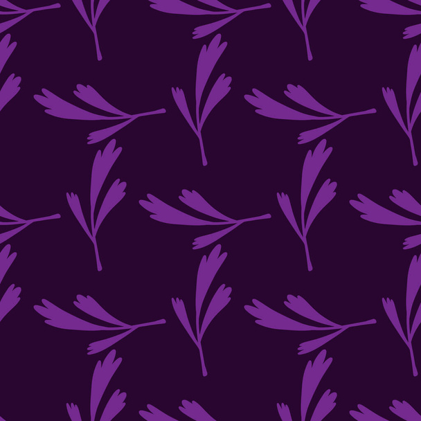 Geométrico púrpura hojas ramas patrón sin costura en estilo garabato. Fondo púrpura oscuro. Diseñado para el diseño de la tela, impresión textil, envoltura, cubierta. Ilustración vectorial. - Vector, Imagen