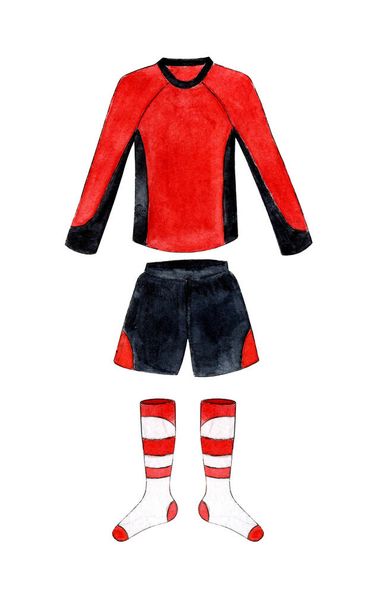 Watercolor illustrations of red and black long sleeved soccer jersey with knee-highs. Sports T-shirt, shorts and leggings. The layout of the form of a football club. Isolated over white background. Drawn by hand. - Photo, Image