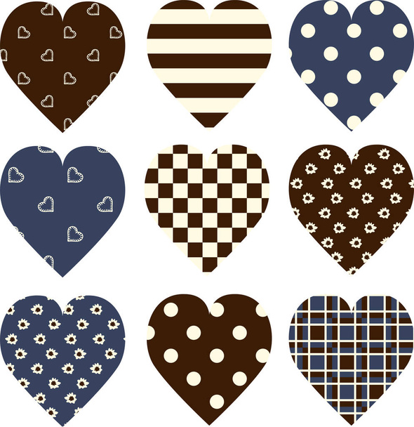Set of nine hearts in brown blue and white colors - Vektori, kuva