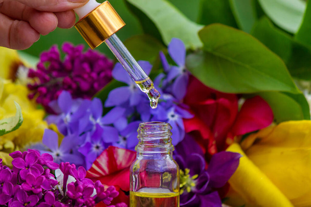 Flower Buzz Collection Flower essential oil. Lilac essential oil in a bottle. Nature. Selective focus - Photo, Image