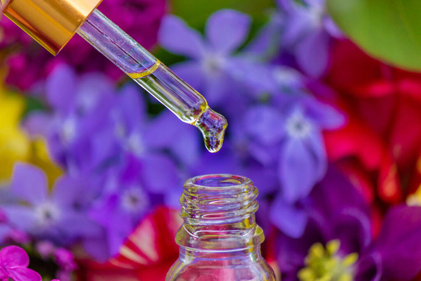 Λουλούδι Buzz Συλλογή Λουλούδι αιθέριο έλαιο. Αιθέριο έλαιο πασχαλιάς σε μπουκάλι. Η φύση. Επιλεκτική εστίαση - Φωτογραφία, εικόνα