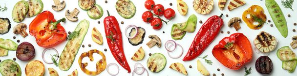 Tasty grilled vegetables on white background, top view - Photo, Image