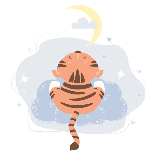 Aranyos tigris ül a felhőn a hátával. Nézi a csillagos eget és a holdat. Vektor. Csíkos gyermek kollekció, tervezés, dekoráció, képeslap és dekoráció, nyomtatás és poszter, óvoda - Vektor, kép