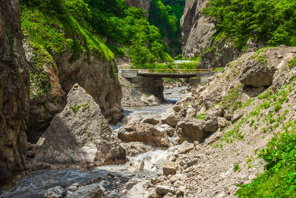 Bridge over a mountain river in a gorge - Fotoğraf, Görsel