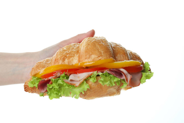 Main féminine tient croissants sandwich, isolé sur fond blanc - Photo, image