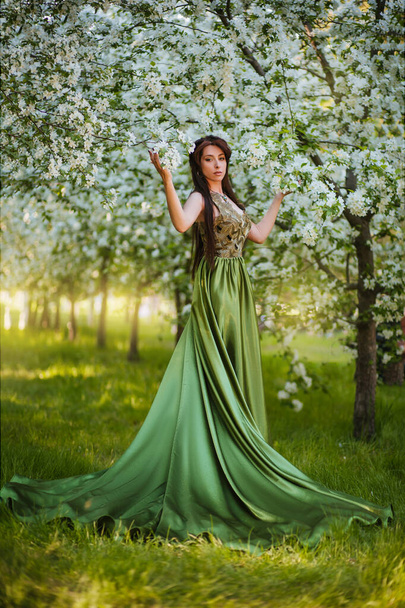 A beautiful young woman in a green dress with a large train among the blooming apple trees. Fairy princess with black long hair - Foto, Imagen
