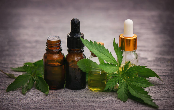 Erbe e foglie di cannabis per il trattamento di brodo, tintura, estratto, olio. Focus selettivo. - Foto, immagini