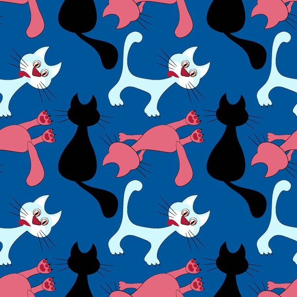 Nahtloses Muster, endlose Textur auf quadratischem Hintergrund - stilisierte farbige Katzen - Grafiken. Fabelhafte Katzenwelt. Surreal. Designelemente. Hintergrund für Website, Blog, Tapete, Textilien, Verpackung. - Vektor, Bild