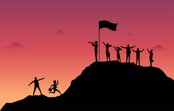Silhouette Geschäftsleute. Eine Gruppe Männer und Frauen, die mit dem Geschäft oben auf einem Berg vor Sonnenuntergang zufrieden sind. Geschäft, Erfolg, Führung, Leistung und Zielkonzept. Vektorabbildung flach - Vektor, Bild