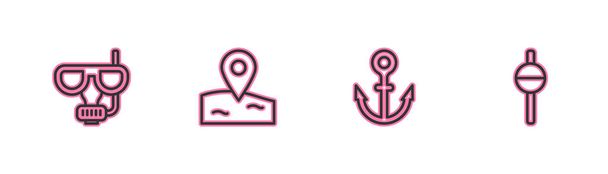 Set line Diving mask and snorkel, Anchor, Location fishing and Fishing float icon. Vector - Vector, Image