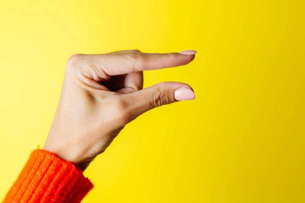 Woman's hand in red sweater shows a little gesture on yellow background - Foto, imagen