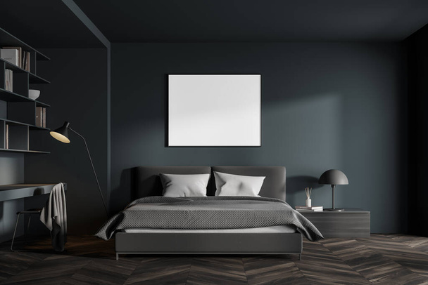 Interior of modern Scandinavian style bedroom with dark grey walls, wooden floor, comfortable king size bed with a horizontal mock up poster above it and home office area. 3d rendering - Фото, зображення
