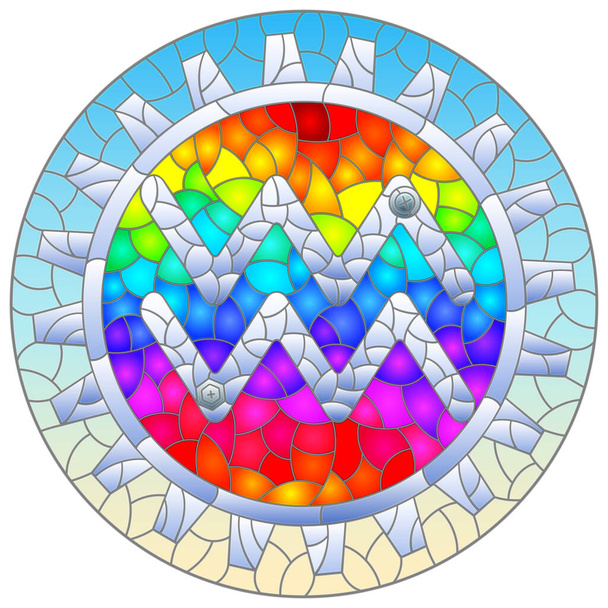 Illustration im Stil eines Buntglasfensters mit einer Illustration des Dampfpunkzeichens des Wassermann-Horoskops, rundes Bild - Vektor, Bild