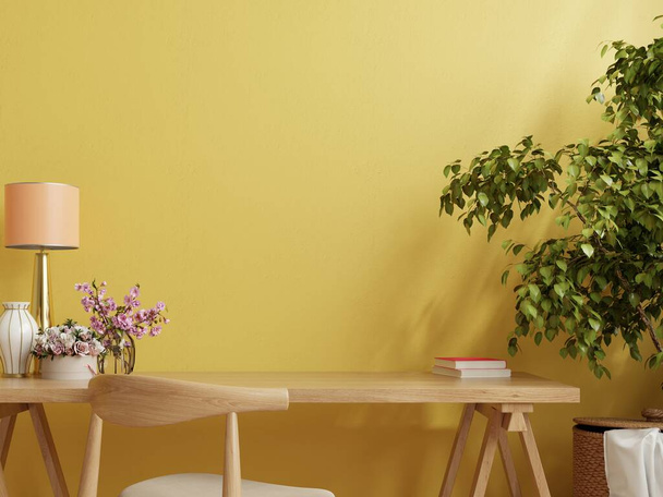 Oficina escritorio interior con mockup pared amarilla, 3d renderizado - Foto, Imagen