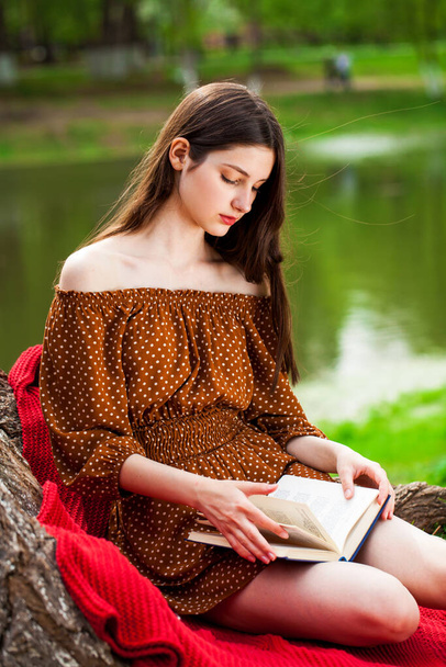 Young beautiful girl with a book resting in a summer park - Foto, imagen