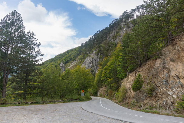Weg in de bergen, Montenegro. Kromme weg op heuvels, rijke vegetatie, mediterrane struik. Bergketens aan de horizon. Zomer. Reizen over de natuur - Foto, afbeelding