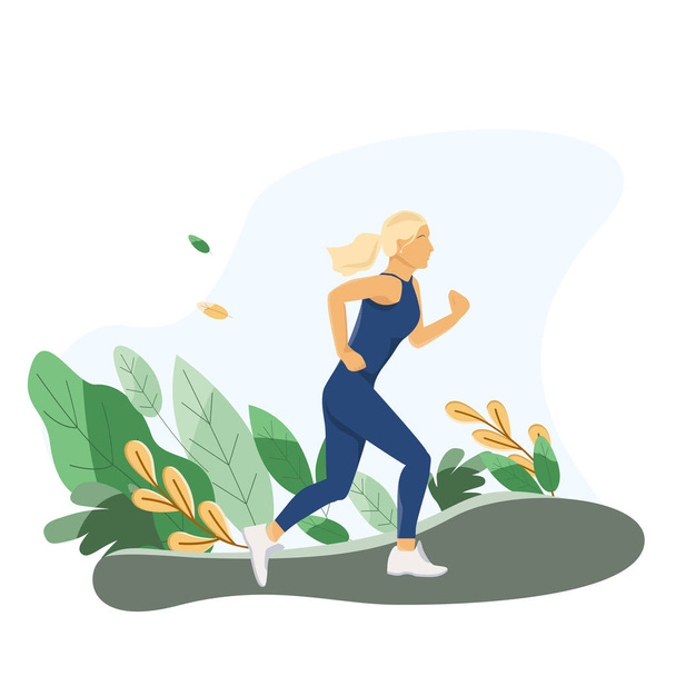 Μια αθλήτρια τρέχει στο πάρκο. Εικονογράφηση διάνυσμα σε επίπεδη στυλ με φυτά, φύλλα. Banner, ιστοσελίδα, πρότυπο αφίσας - Διάνυσμα, εικόνα