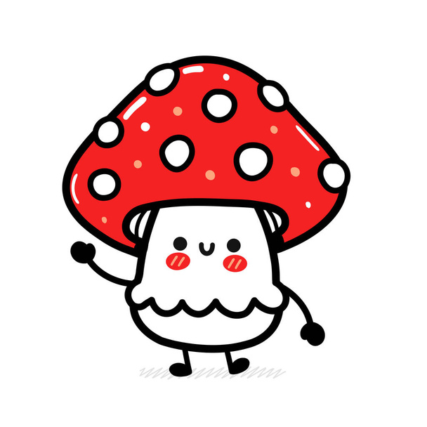 Cute funny happy amanita mushroom. Vector hand drawn cartoon kawaii character illustration icon. Isolated on white background. Funny amanita mushroom mascot character concept - Vector, Image