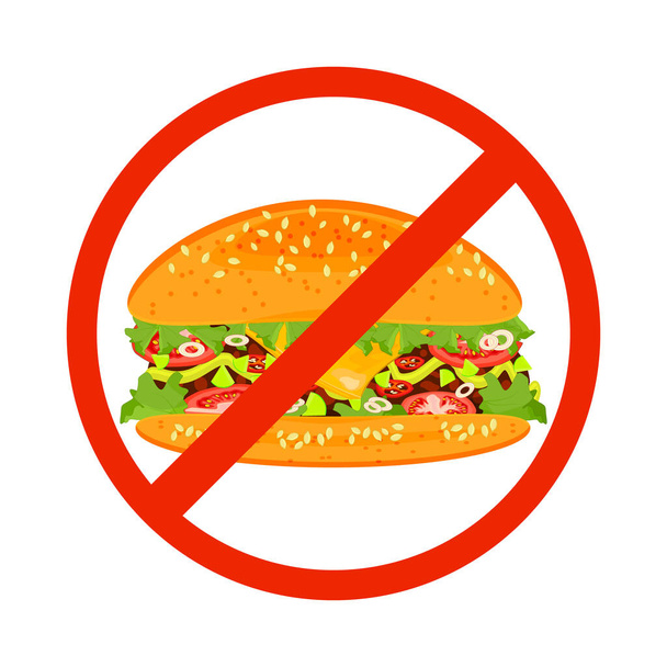 Geen fastfood bord geïsoleerd op witte achtergrond. Hamburger in rood verboden bord. Fast food gevaar label. Ongezond eetconcept. Geen hamburger symbool. Voorraadvector illustratie - Vector, afbeelding