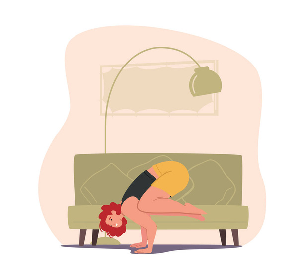 Athlete Girl at Home Stand on Hands in Yoga Asana. Relaxed Young Woman Enjoying Rest Meditation, Training Body - Vector, afbeelding