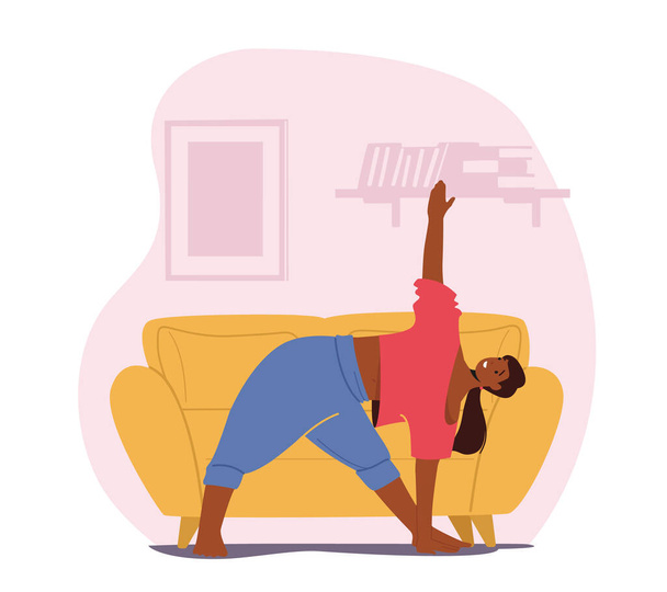 Woman Stretching or Yoga Exercises at Home. Fitness, Sport and Healthy Lifestyle. Girl Practicing Gymnastics Workout - Vector, Imagen