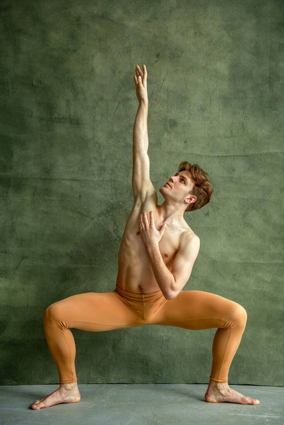 Male ballet dancer poses at grunge wall in dancing studio. Performer with muscular body, grace and elegance of movements - Photo, Image