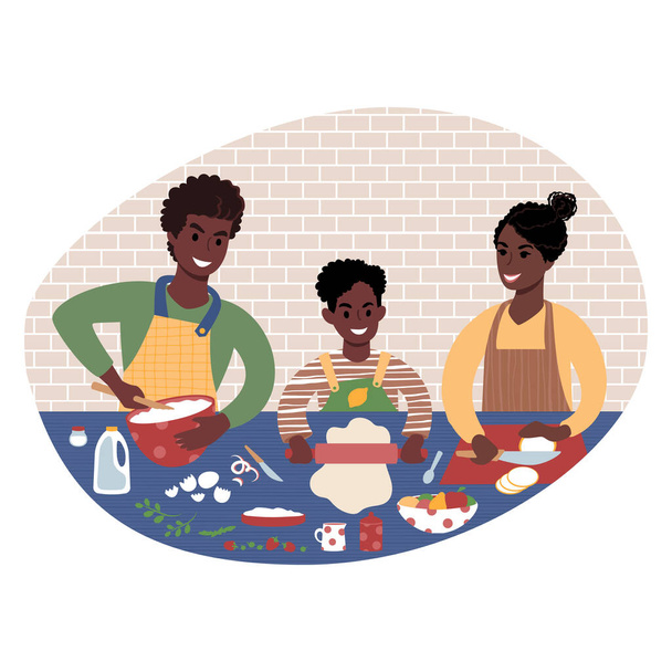 Familia feliz cocinando comida juntos. Ilustración de estilo plano. - Vector, Imagen