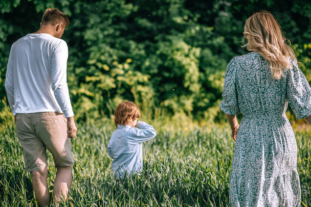 Une famille heureuse de jeunes agriculteurs et leur fils marchent dans les champs avec de l'herbe verte luxuriante. Vue arrière. Concept agricole - Photo, image