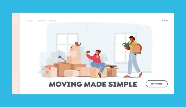 Family Relocation in New House Landing Page Template. Happy Girl Teenager Sitting on Boxes Making Selfie in Light Room - ベクター画像