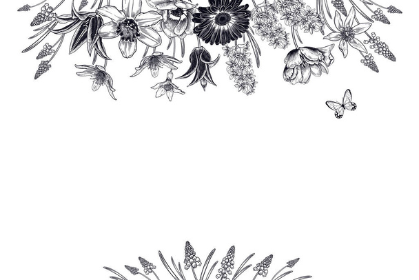 Floral pattern. Garland of luxurious blooming spring flowers and butterflies. Vintage card. Vector illustration art. Botanical ornament. Tulips, daffodils, anemones, primroses. Black and white. - Vektör, Görsel