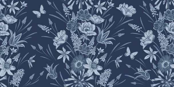 Floral seamless pattern. Vintage spring background. Vector illustration. Lovely flowers and butterfly. Navy blue color. Bulbous primroses, snowdrops, tulips, anemone, daffodils, muscari, jacinth. - Vektori, kuva