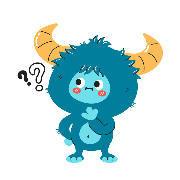 Niedliche lustige Yeti-Monster-Figur mit Fragezeichen. Vector handgezeichnete Karikatur Kawaii Charakter Illustration Symbol. Vereinzelt auf weißem Hintergrund. Yeti, Bigfoot Baby Zeichentrickfigur Konzept - Vektor, Bild