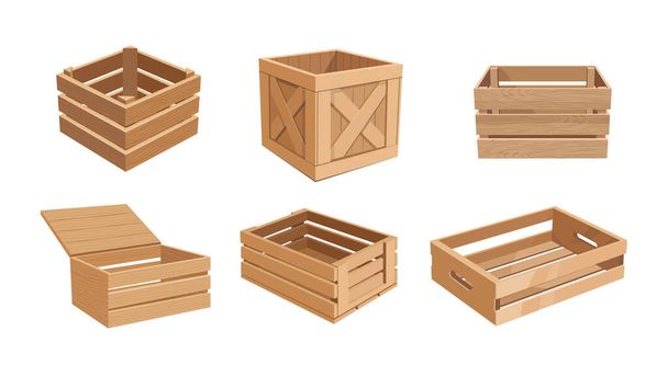 Set of Wooden Boxes, Cargo Distribution Packs. Parcels for Goods Packaging, Isolated Pallets, Empty Wood Containers - Wektor, obraz