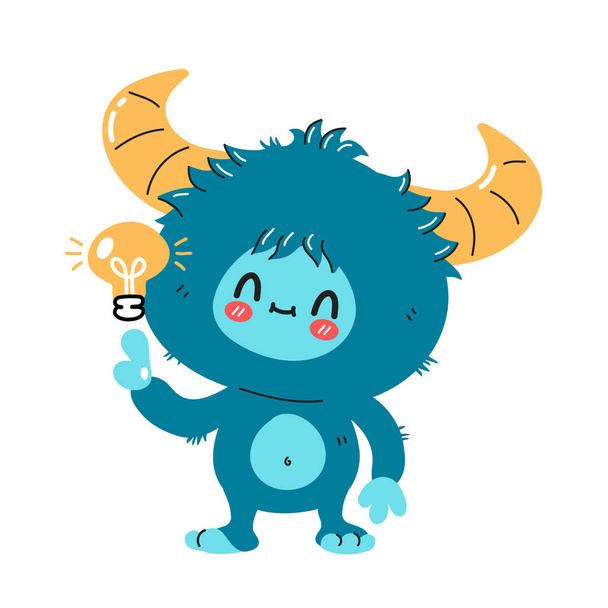 Niedliche lustige Yeti-Monster-Charakter mit Idee Glühbirne. Vector handgezeichnete Karikatur Kawaii Charakter Illustration Symbol. Vereinzelt auf weißem Hintergrund. Yeti, Bigfoot Baby Zeichentrickfigur Konzept - Vektor, Bild