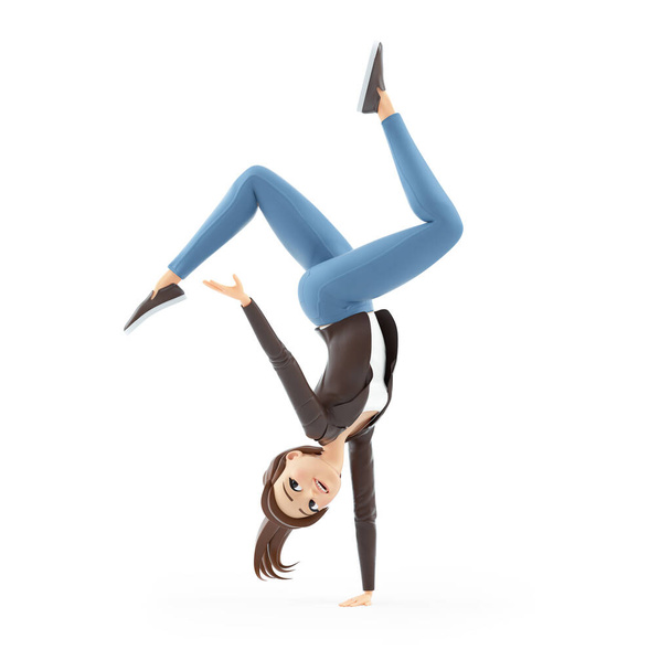 Femme dessin animé 3d en pose acrobatique, illustration isolée sur fond blanc - Photo, image