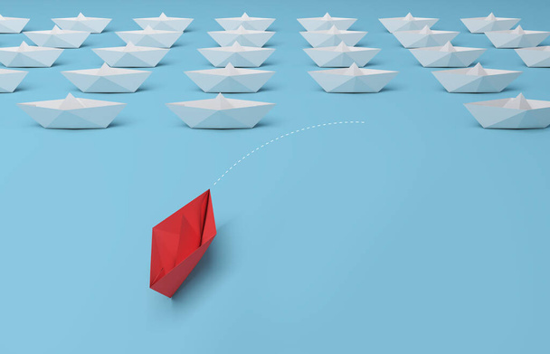 Barco de papel rojo en primer plano que lleva entre blanco sobre fondo azul. renderizado 3d. - Foto, Imagen