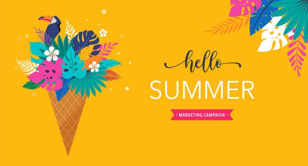 Scène estivale avec un cône de crème glacée rempli de feuilles exotiques de jungle et de toucan. Bonjour illustration de concept d'été, fond et bannière - Vecteur, image