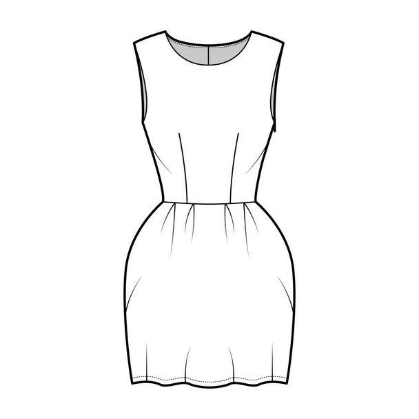 Jurk bel technische mode illustratie met mouwloze, gemonteerde lichaam, mini lengte potlood rok. Platte kleding voorzijde - Vector, afbeelding