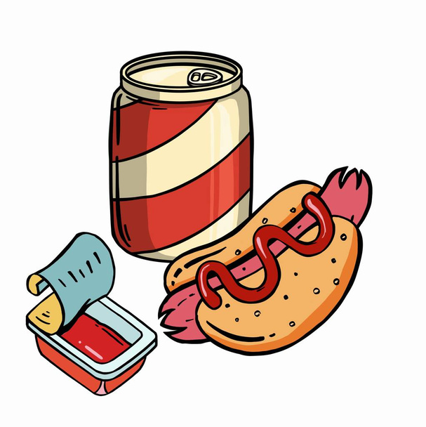 Hot dog με τηγανητές πατάτες και σόδα κύπελλο - χαριτωμένο κινούμενο σχέδιο έγχρωμη εικόνα. Γραφικά στοιχεία σχεδιασμού για το μενού - Διάνυσμα, εικόνα